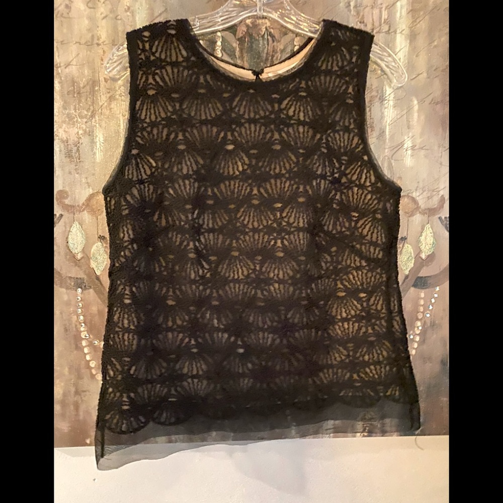 Gorgeous EUC Studio M Black Lace Netted Top Over Tan Lining